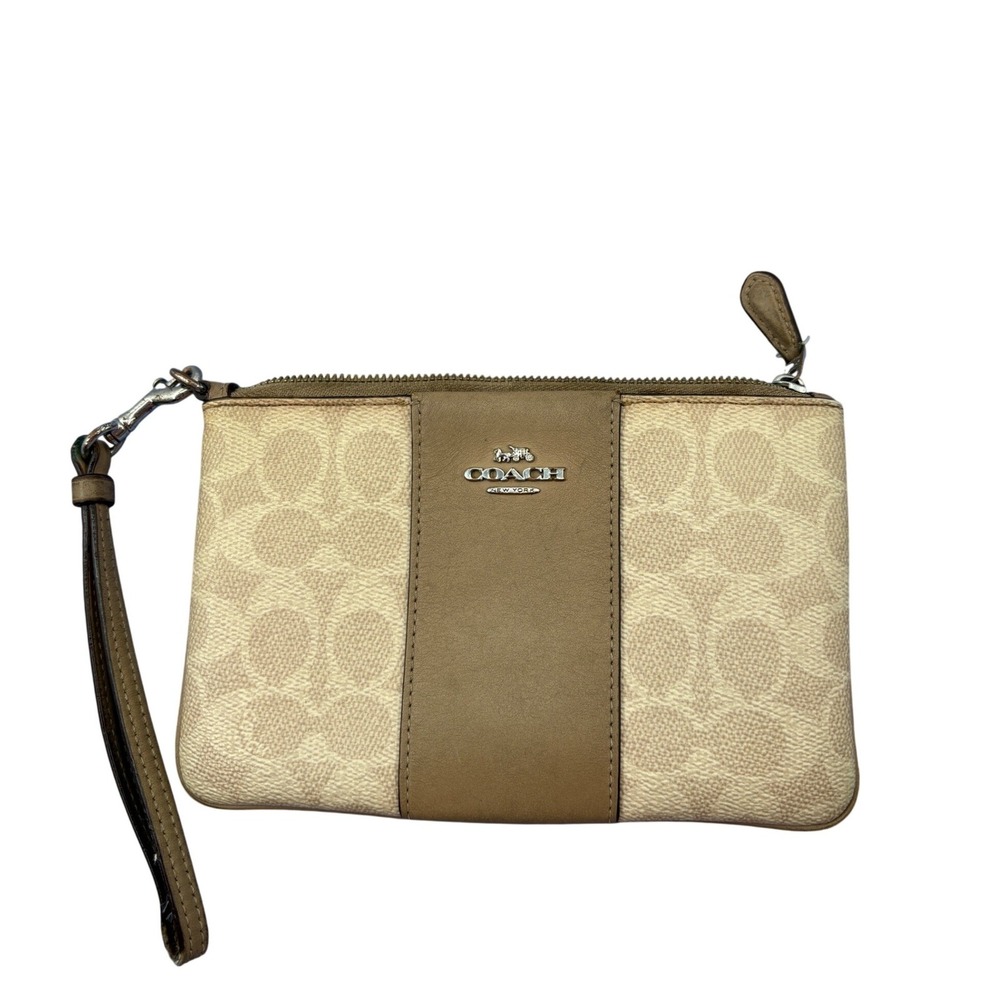 Coach Large 7"Corner Zip Wristlet Signature Canvas Khaki Saddle Brown Clutch Bag